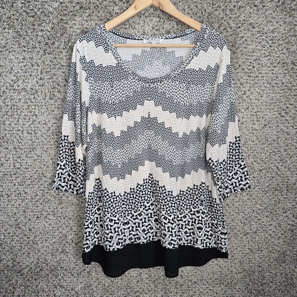 Rose & Olive Top Womens Plus 1X Black Scoop Neck Printed 3/4 Sleeve Tee Stretch